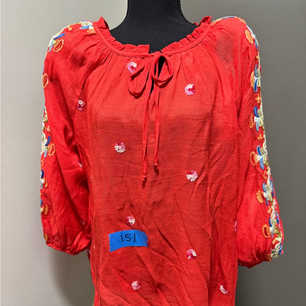 Embroidered orange Fig and Flowers Peasant Blouse